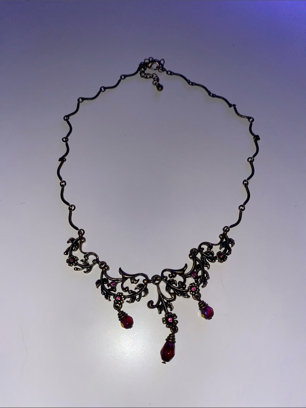 Vintage Filigree Necklace with Deep Red Gem Drops
